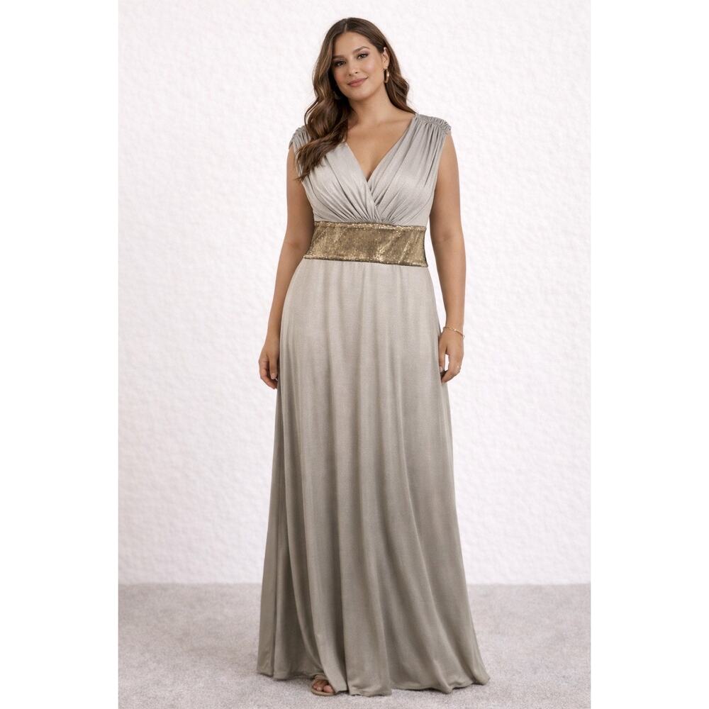 Tadashi Shoji Gold Sequin Maxi Dress Party‎ Cocktail Wedding Guest Womens Medium